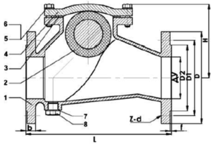 Клапан обратный шаровой фланцевый - чертеж